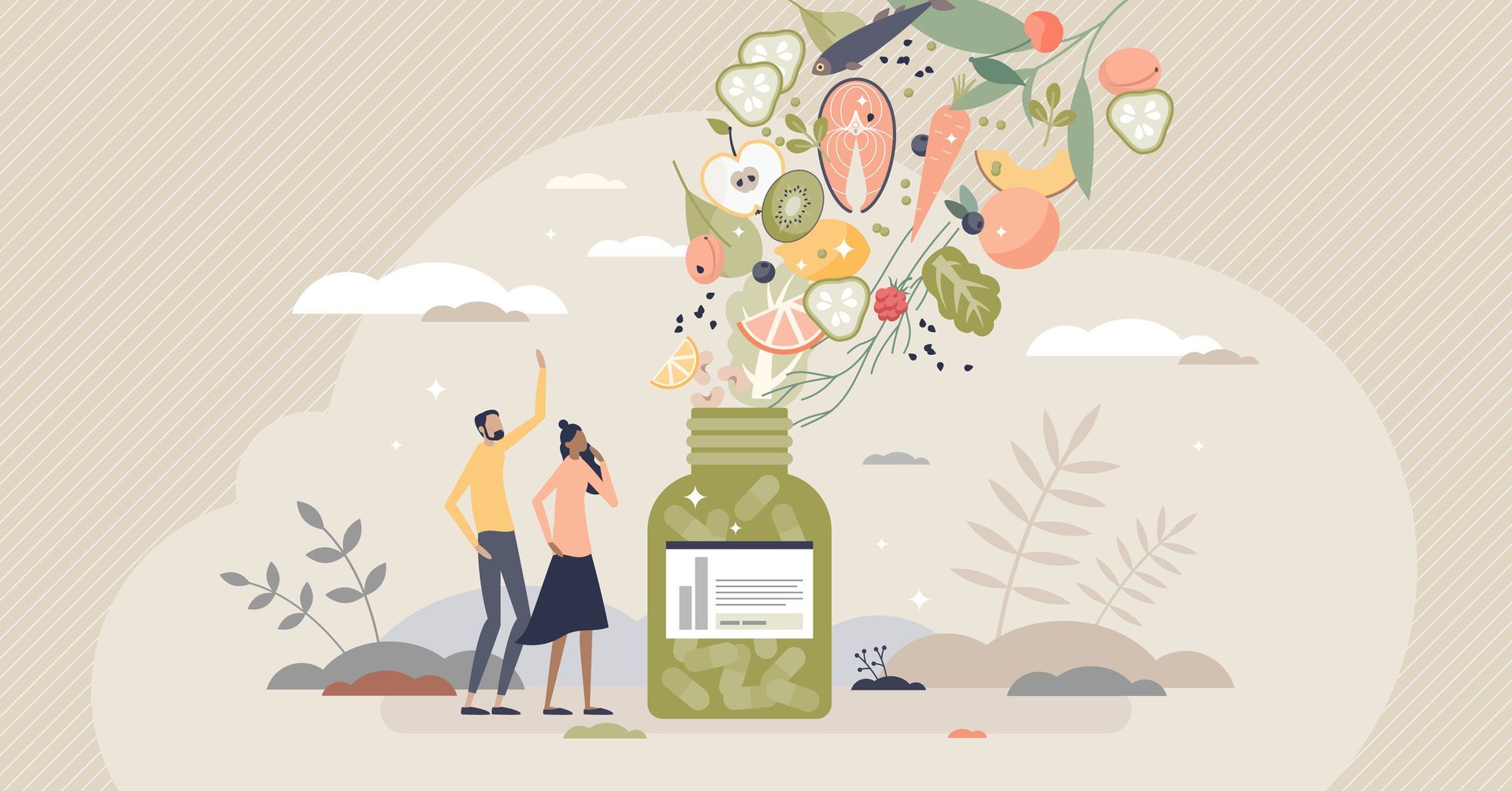 Zwei Personen beobachten, wie gesunde Lebensmittel aus einer Pillenflasche platzen.