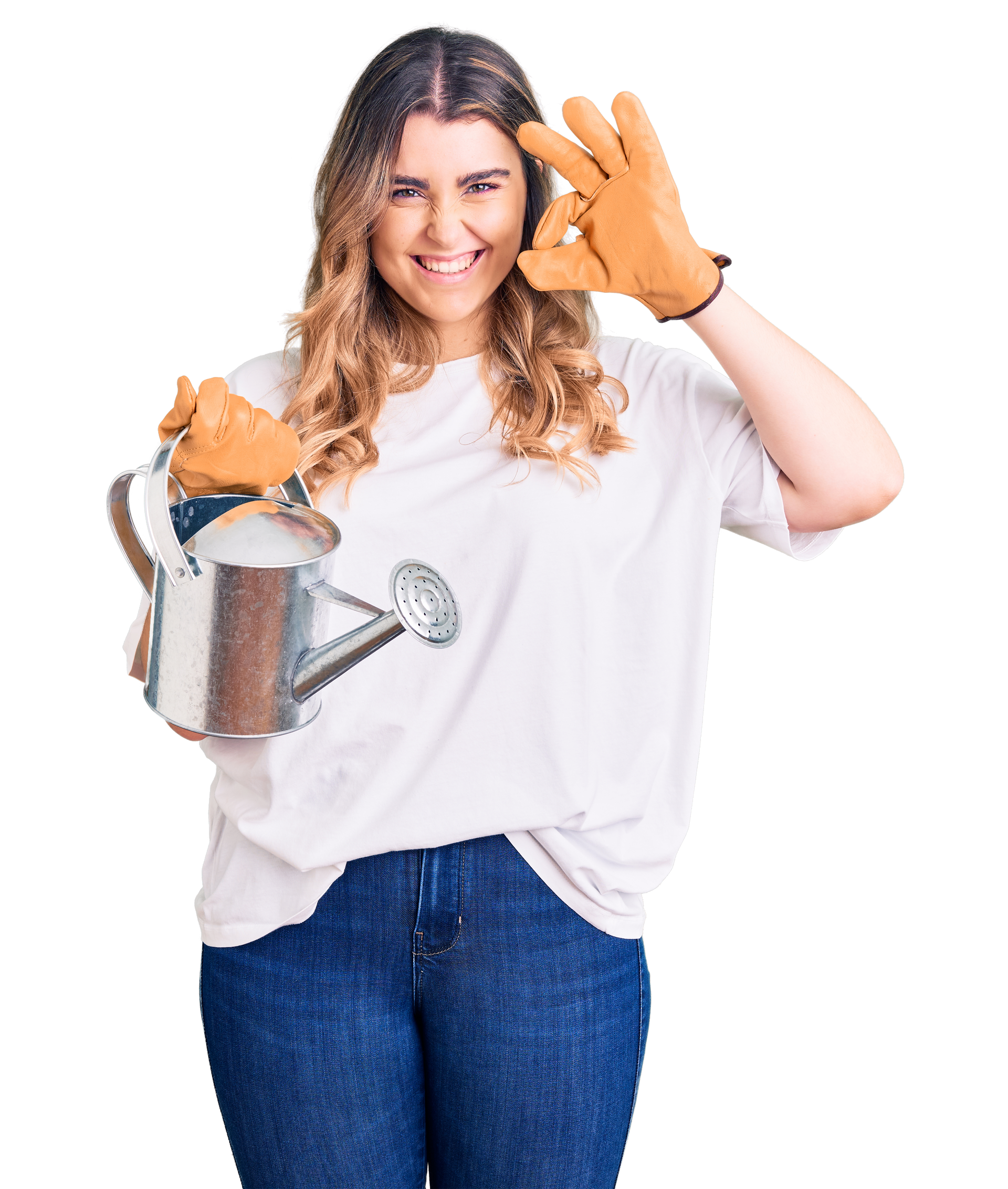 Femme avec des gants de travail et un arrosoir