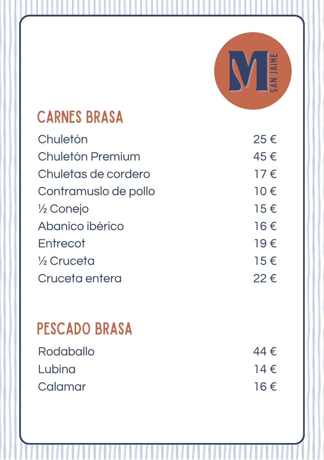 Menú con carnes y pescados a la parrilla, precio en euros.