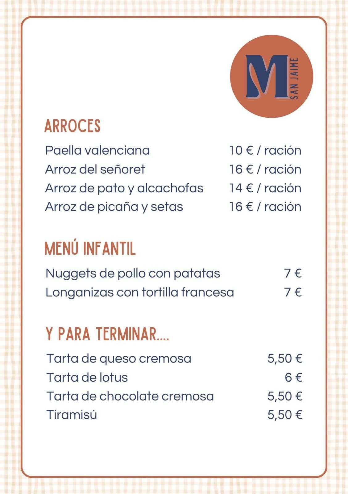 Carta con arroces, menú infantil y postres.