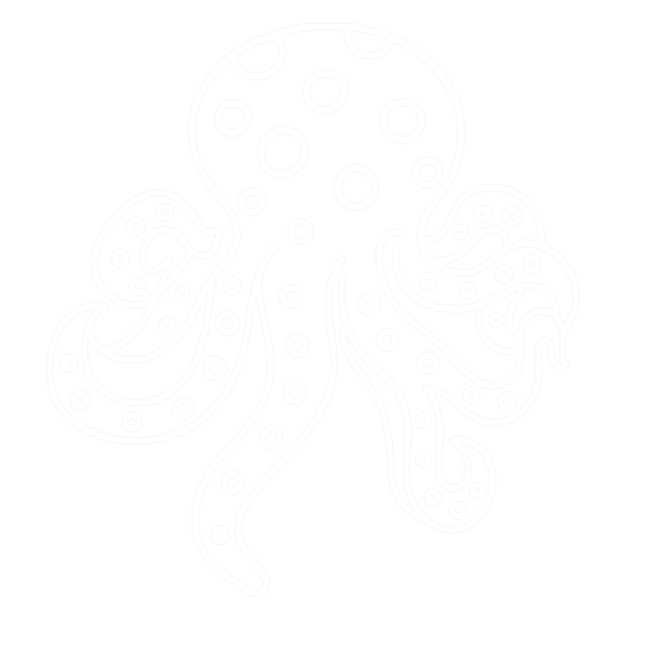 Ilustración en blanco y negro de un pulpo estilizado con círculos estampados en la cabeza y los tentáculos.