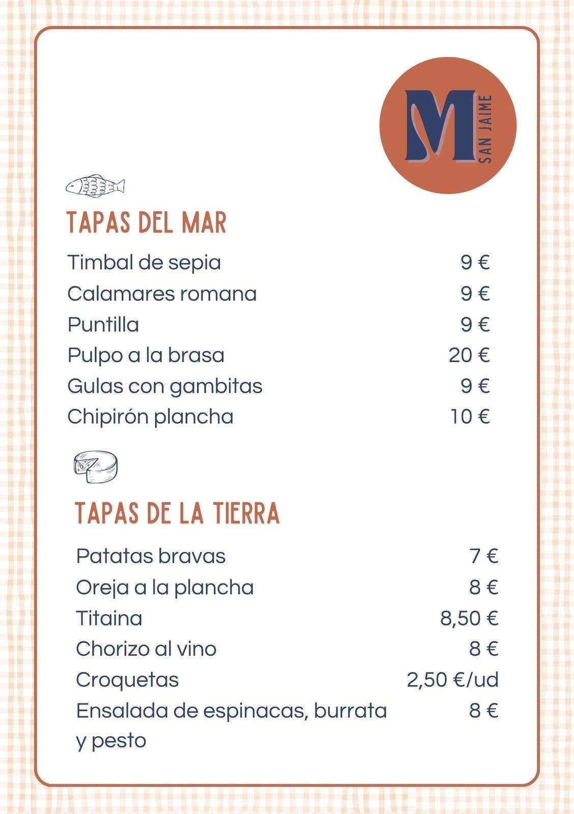 Carta con tapas marineras y de la tierra, incluyendo precios y platos como calamares y patatas bravas.