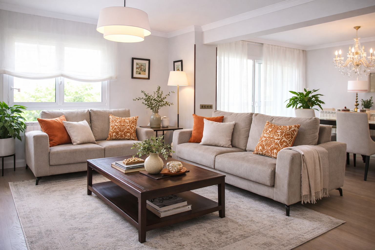 Dormitorio con cabecero de madera, manta rosa, planta y escalera decorativa.