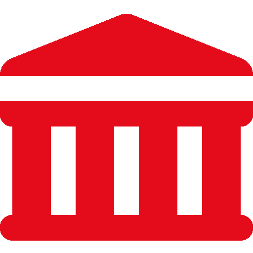 Rotes Gebäudesymbol mit drei weißen Säulen.