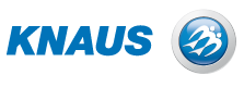 KNAUS-Logo: Blauer Text und ein kreisförmiges Emblem mit drei abstrakten Figuren.