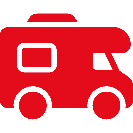 Rotes Wohnmobil-Symbol mit weißem Fenster und weißen Rädern.