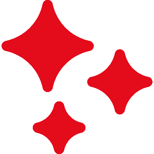 Drei rote, sternförmige Glitzerpunkte in verschiedenen Größen vor weißem Hintergrund.