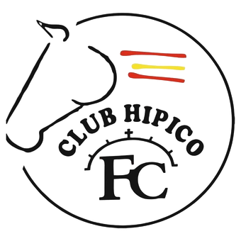 Logotipo del Club Hipico FC con el contorno de una cabeza de caballo y franjas rojas y amarillas en un emblema circular.