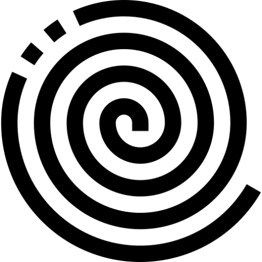 Logotipo negro en espiral con forma de laberinto sobre un fondo blanco.