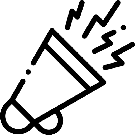 Icono de megáfono negro con líneas de sonido, que indica anuncio o sonido fuerte.