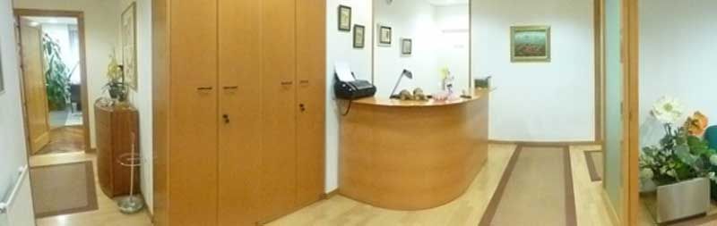 Vestíbulo de oficina luminoso con mostrador de recepción de madera, puertas dobles y plantas a lo largo de las paredes.