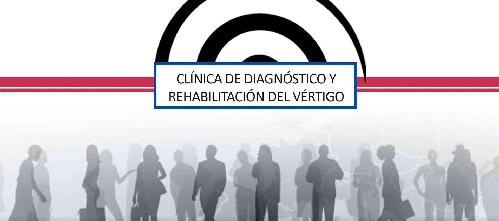 Logo de clínica de diagnóstico y rehabilitación del vértigo sobre fondo blanco con siluetas grises