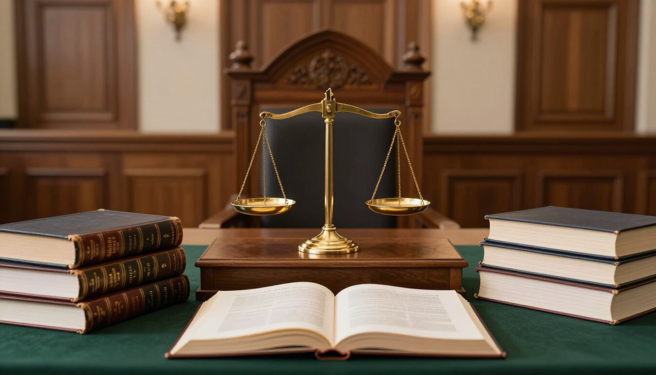 Law books and open book on a desk with a gold scales of justice in a courtroom setting