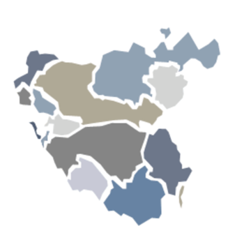 Mapa abstracto compuesto por regiones irregulares en tonos azules, grises y beige apagados sobre un fondo blanco.