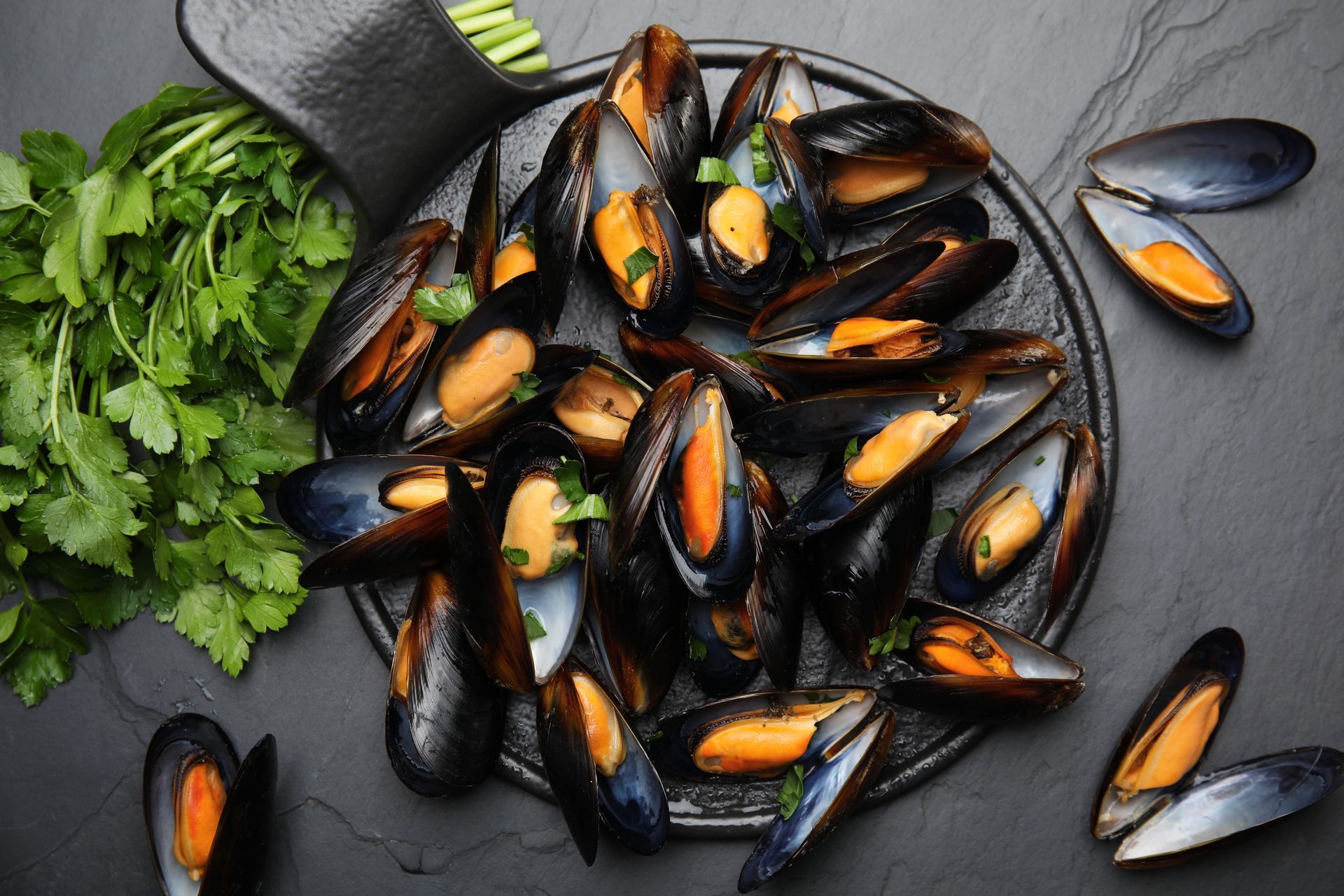 Moules cuites à la vapeur sur une assiette noire garnie de persil, posée sur une surface sombre.