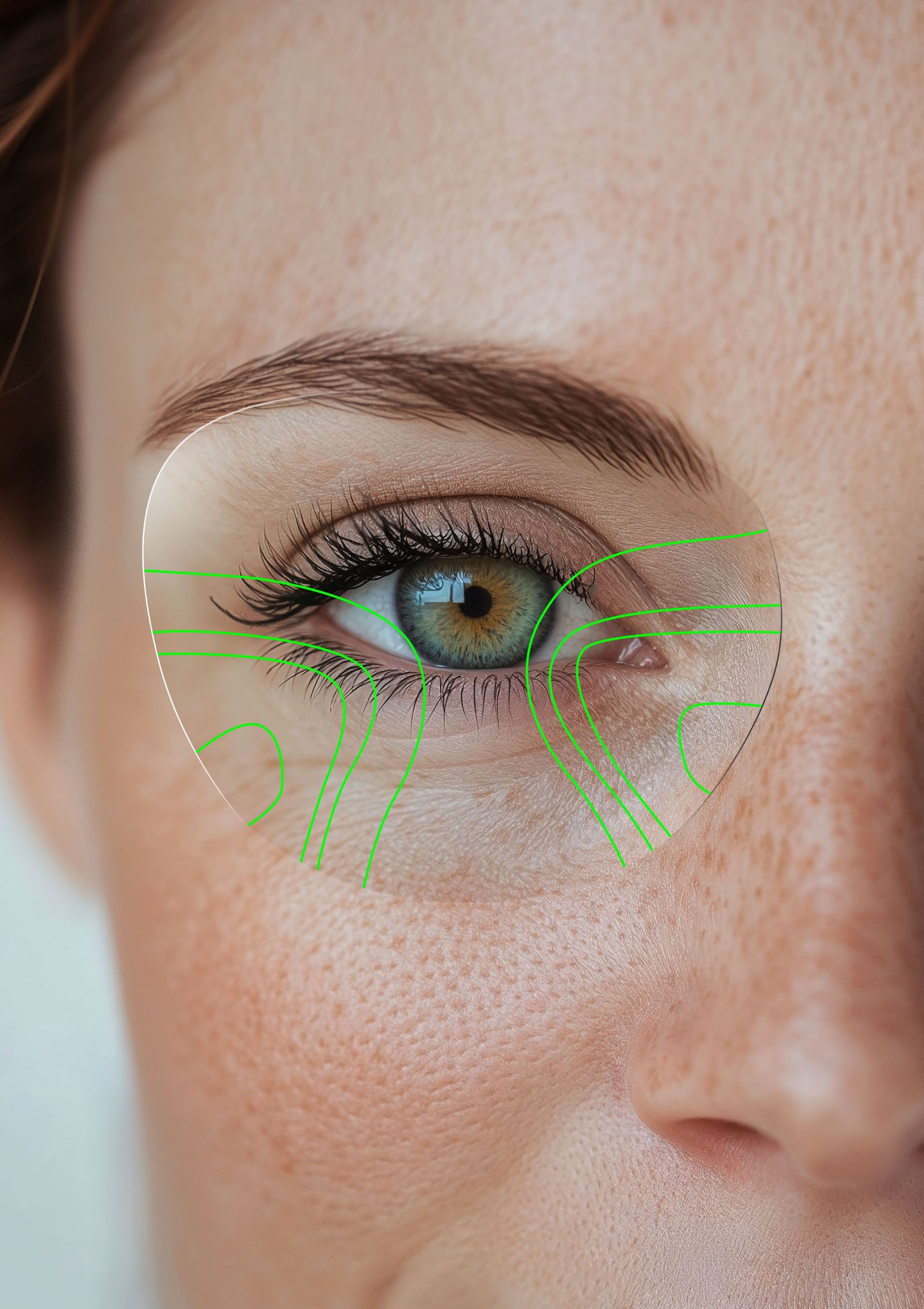 Nahaufnahme eines grünen Auges mit Wimpern und einer grünen Gesichtserkennungs-Überlagerung