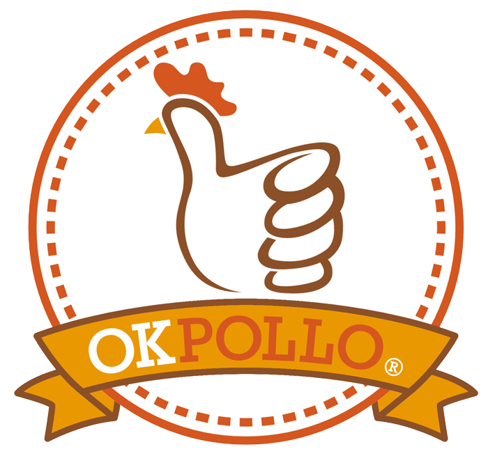 Un logotipo para OkPollo con un pollo haciendo un gesto de aprobación.