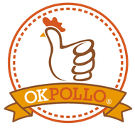 Un logotipo para OkPollo con un pollo haciendo un gesto de aprobación.