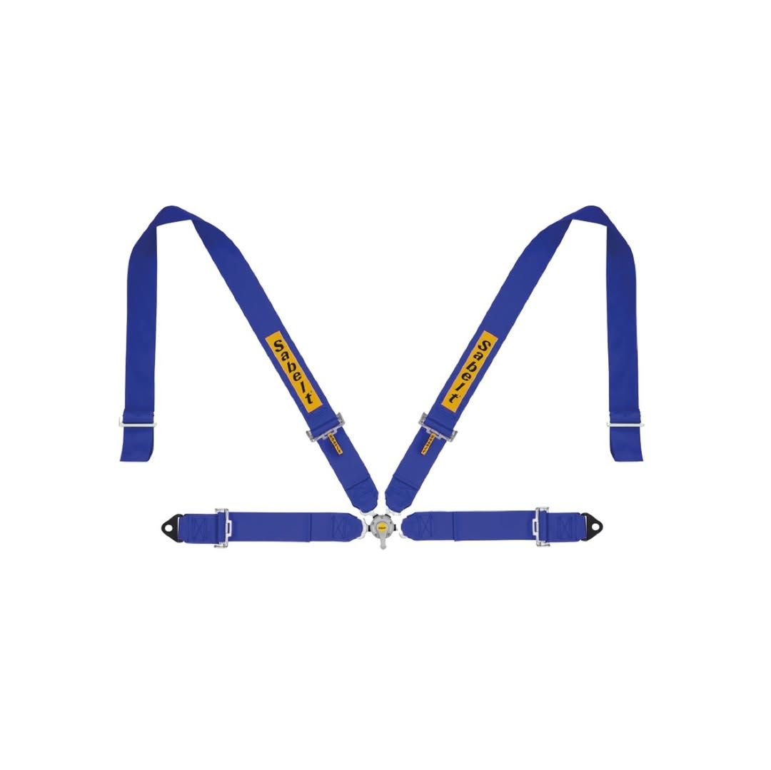 Un cinturón de seguridad azul con letras amarillas sobre un fondo blanco.