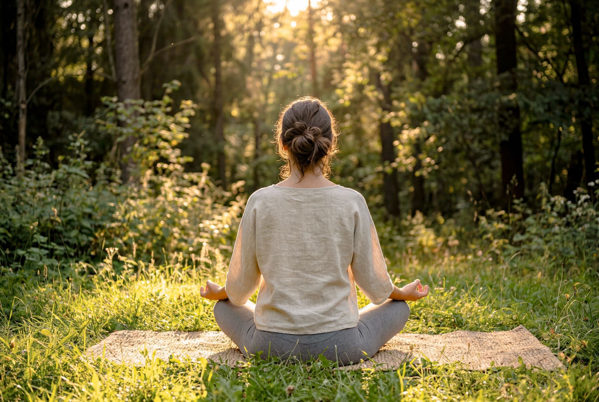 Une personne est assise en tailleur sur un tapis, en pleine méditation dans une clairière ensoleillée.