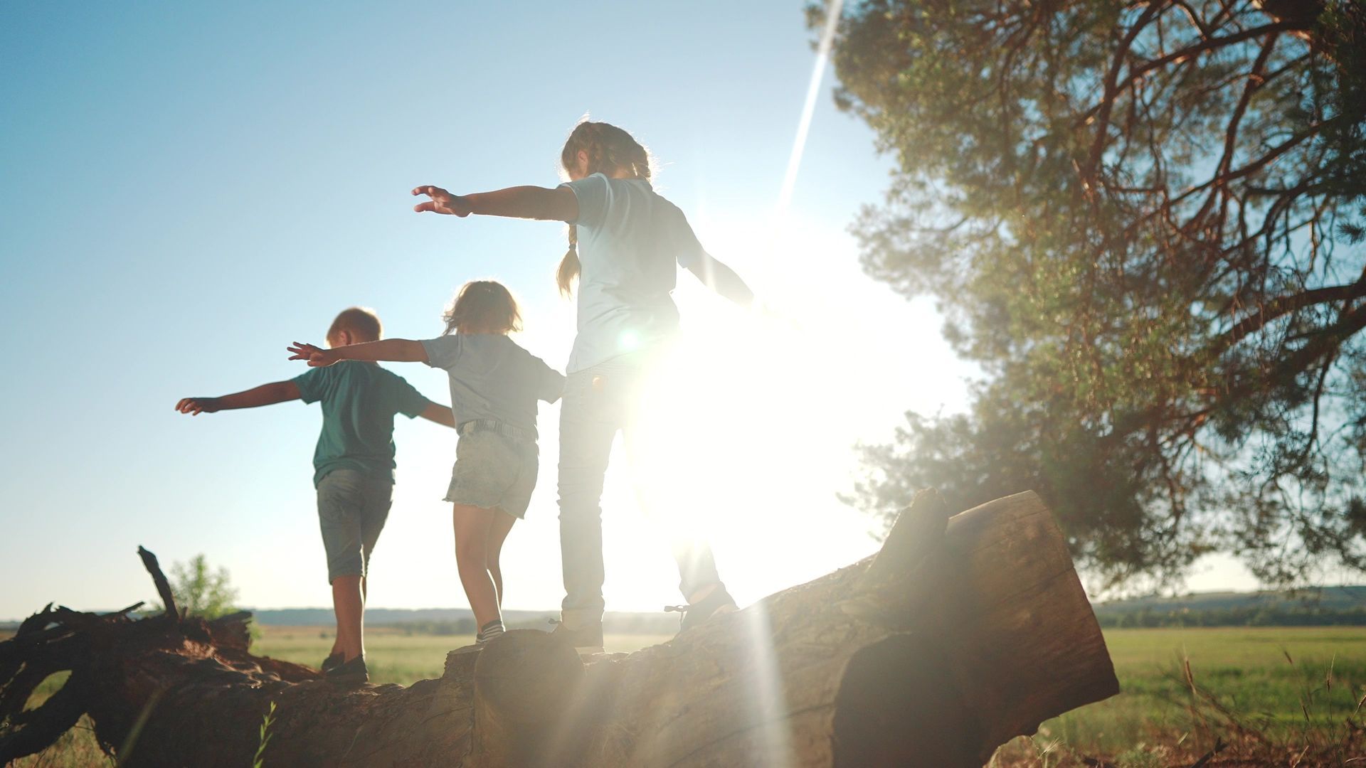 Trois enfants en équilibre sur un tronc d'arbre au coucher du soleil, les bras tendus, à contre-jour.