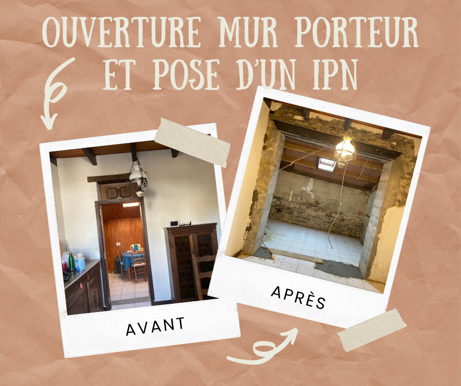 Les photos avant et après montrent la démolition d'un mur et l'installation d'une poutre en acier dans une maison.