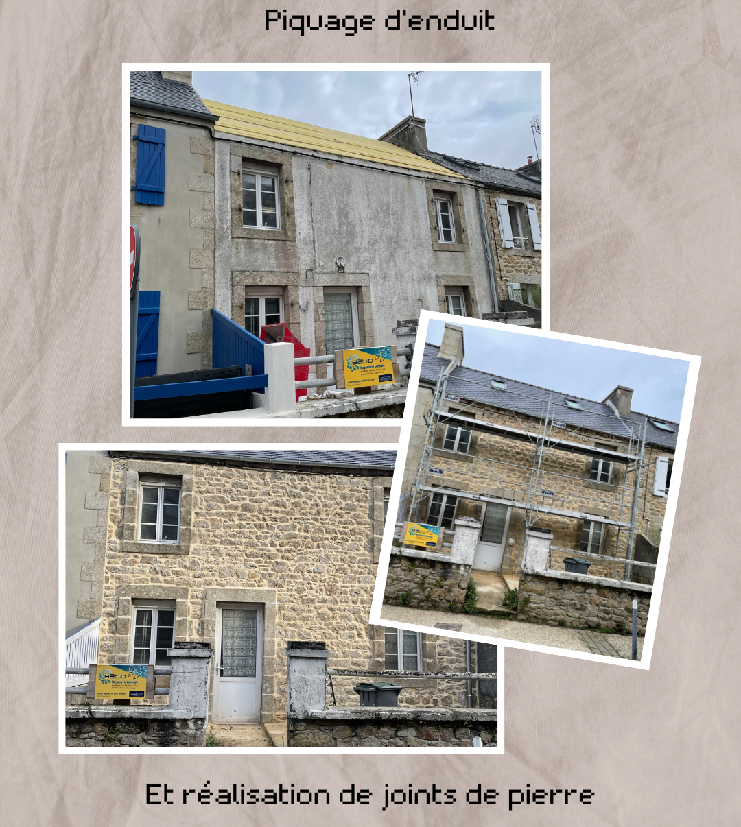 Extérieur d'un bâtiment en construction. Les images montrent des travaux de pierre et de plâtre et des échafaudages.