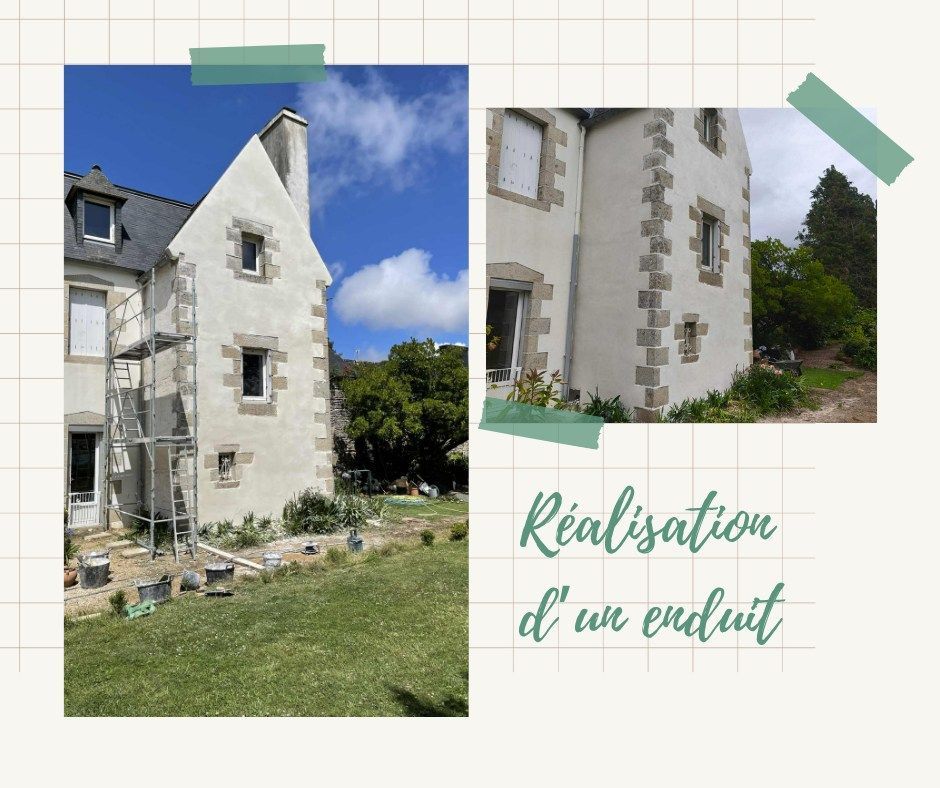 Deux photos d'un bâtiment avec des éléments en pierre ; engins de chantier. Texte : Réalisation d'un enduit.