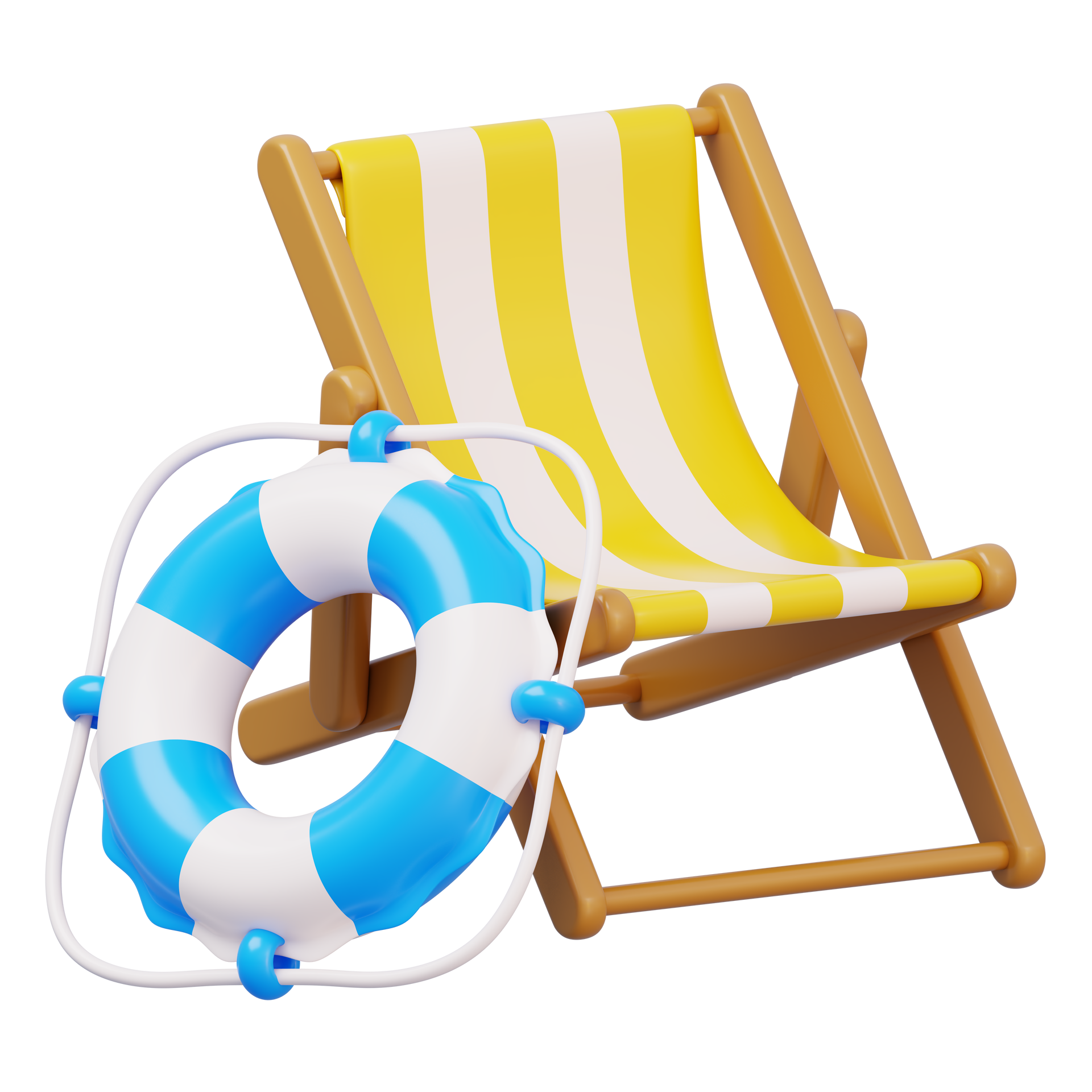 Chaise de plage à rayures jaunes à côté d'une bouée de sauvetage bleue et blanche.