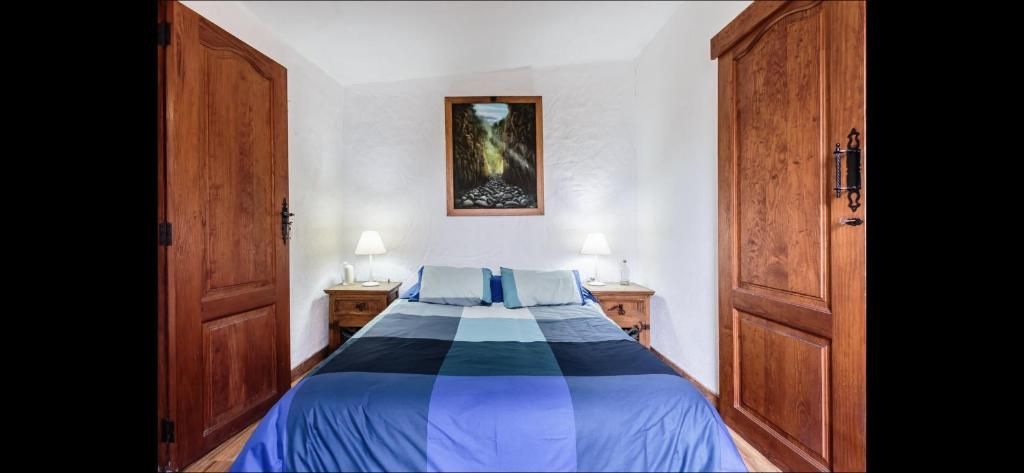 Dormitorio con una colcha azul, puertas de armario de madera, lámparas de mesilla y un cuadro enmarcado sobre la cama