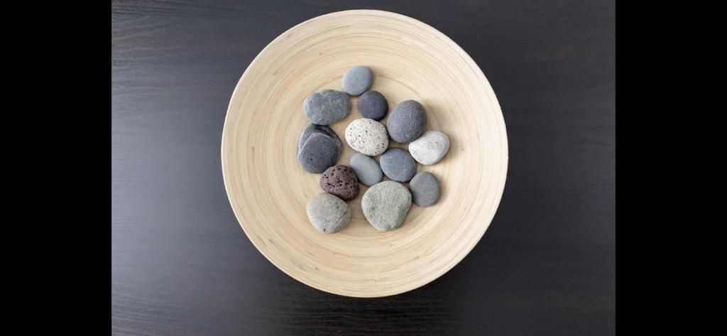 Un cuenco con piedras grises y beige variadas sobre una superficie oscura