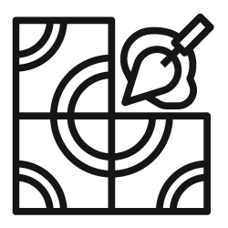 Icône en noir et blanc représentant une grille de puzzle avec un pinceau et une palette en haut à droite