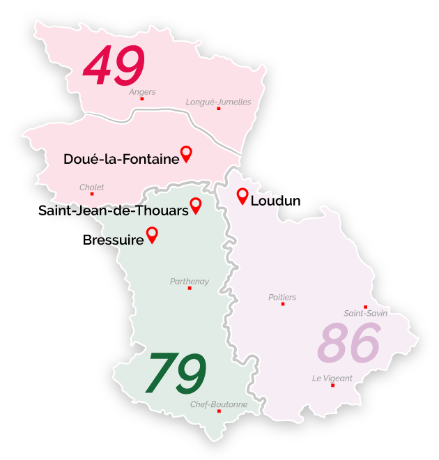 Carte des départements français 49, 79 et 86 avec les villes indiquées et des marqueurs de localisation rouges.
