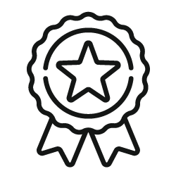 Insigne de récompense à contour noir avec une étoile et des rubans sur fond blanc