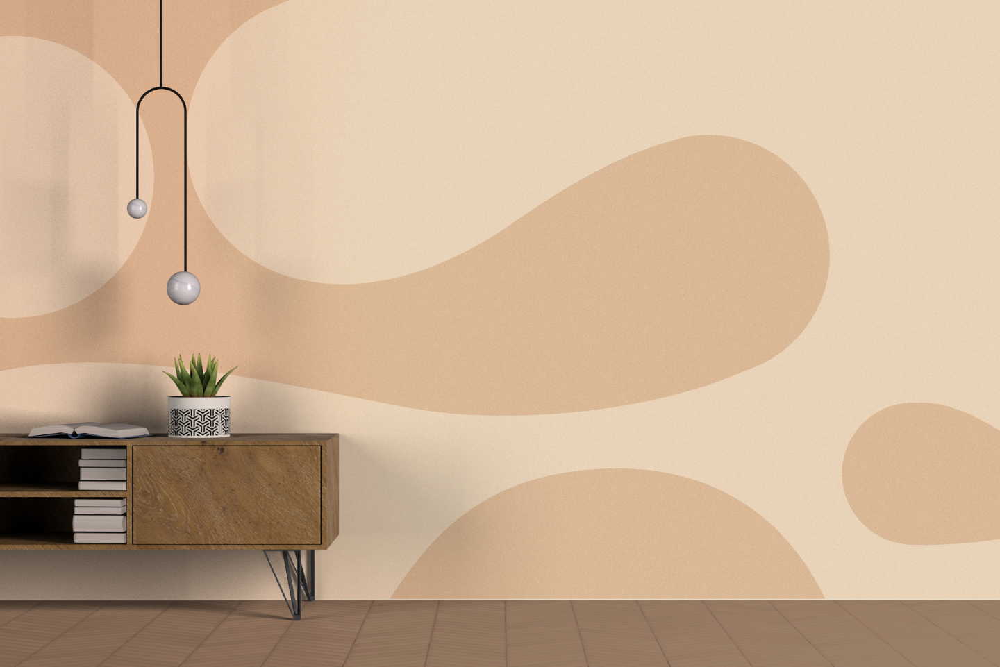 Chambre aux tons neutres avec des œuvres d'art murales abstraites, une console en bois et un luminaire suspendu.