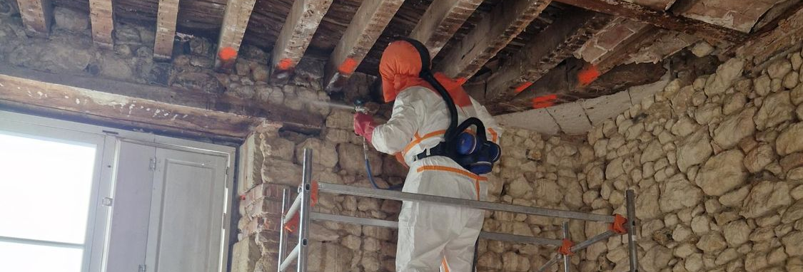 Personne équipée d'un pulvérisateur dorsal travaillant sur une structure en bois au plafond.