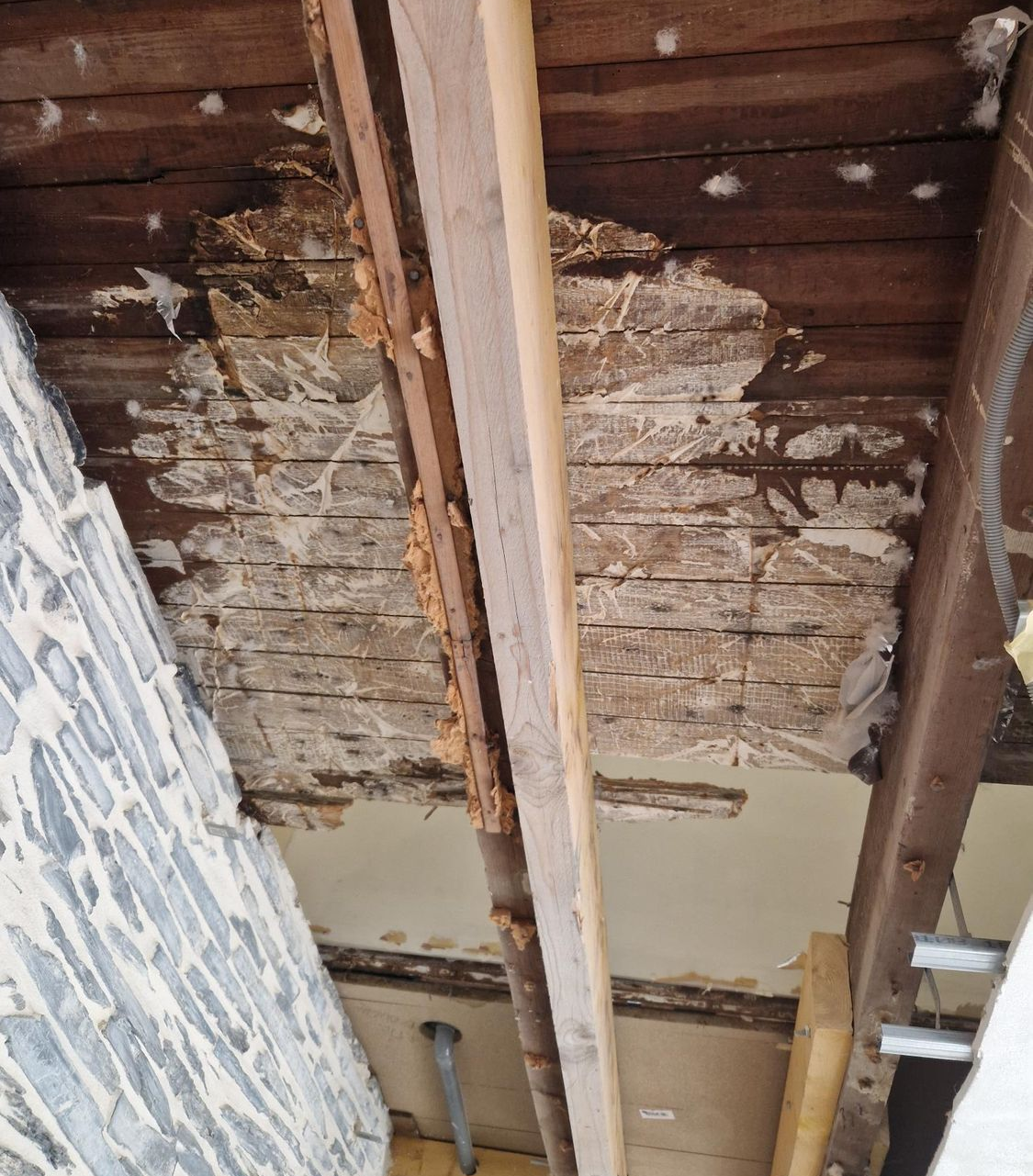 Vue en contre-plongée d'un plafond en bois présentant des zones de matière manquante, des traces claires et plusieurs poutres apparentes.