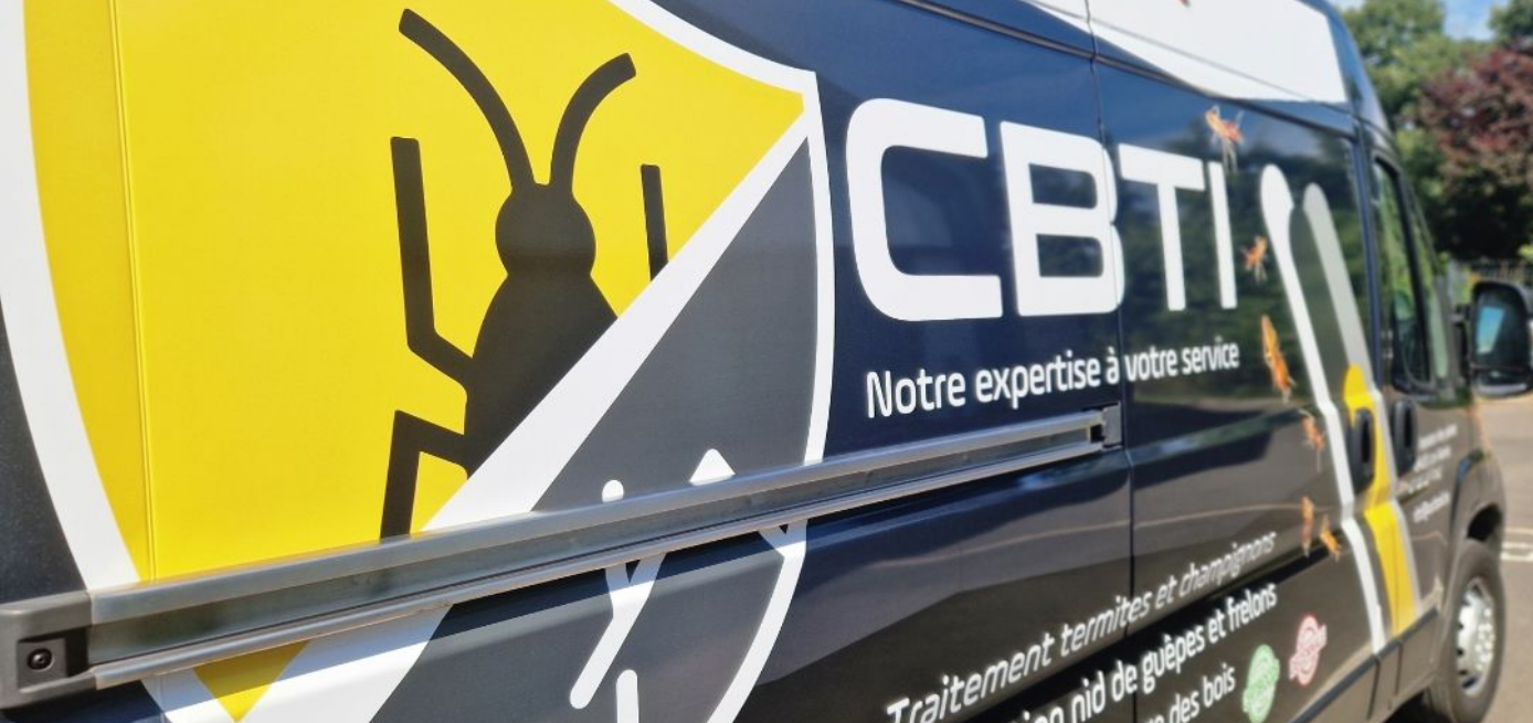 Vue latérale d’un véhicule utilitaire présentant un logo d’insecte noir sur fond jaune