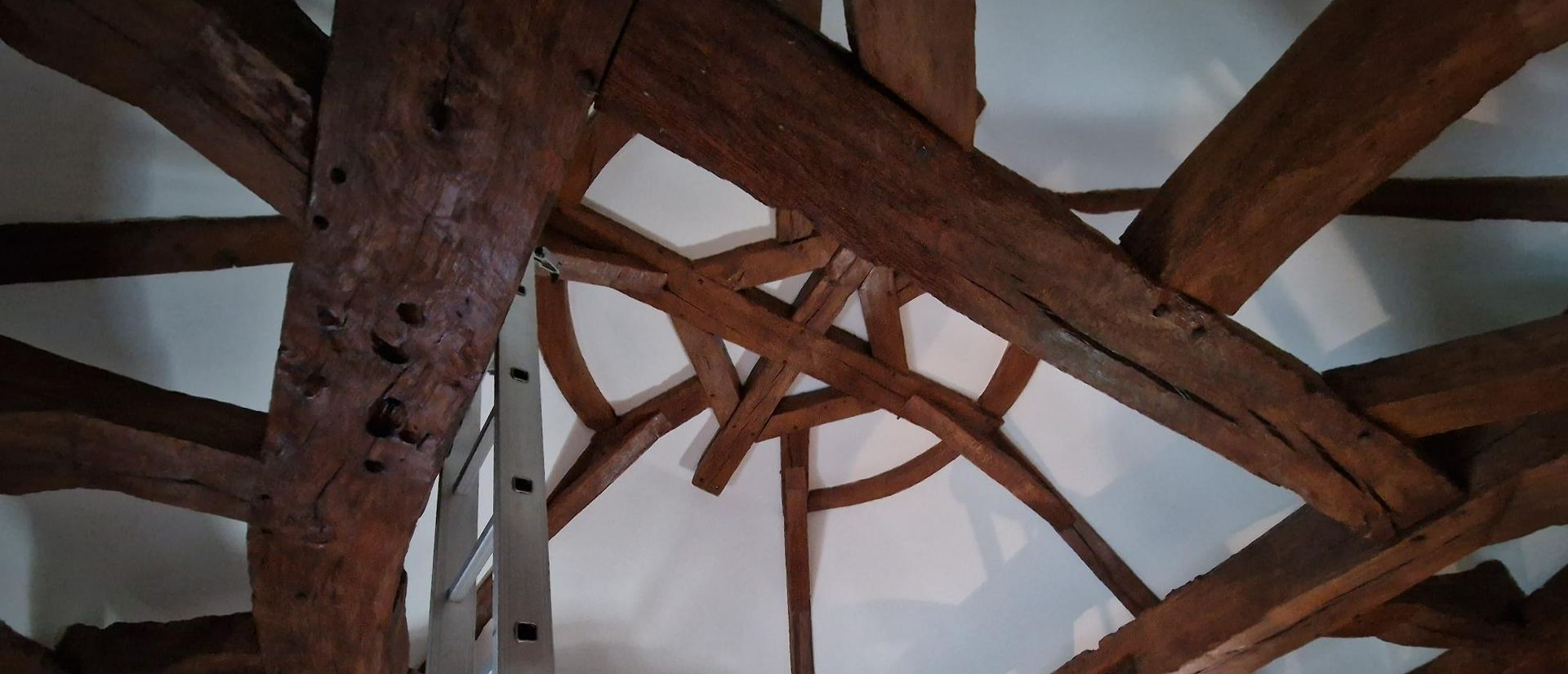 Charpente en bois apparente avec une échelle métallique, montrant des perforations sur une poutre située à gauche de l'image.