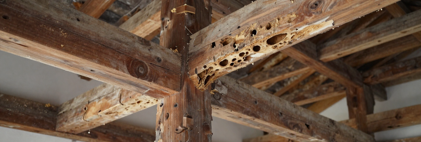 Assemblage de poutres en bois apparent dont certaines présentent de nombreuses cavités et perforations visibles sur leur extrémité.