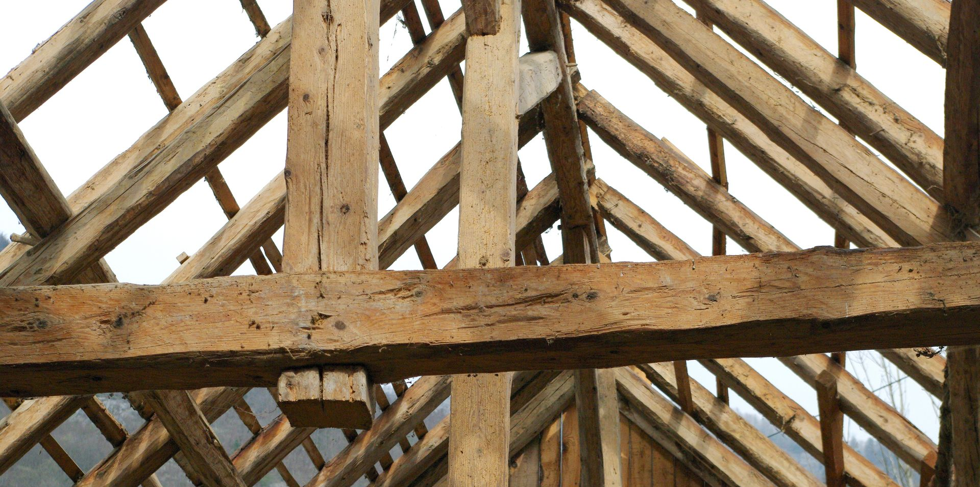 Charpente en bois vue de l'intérieur, composée de plusieurs éléments porteurs assemblés sous la toiture.