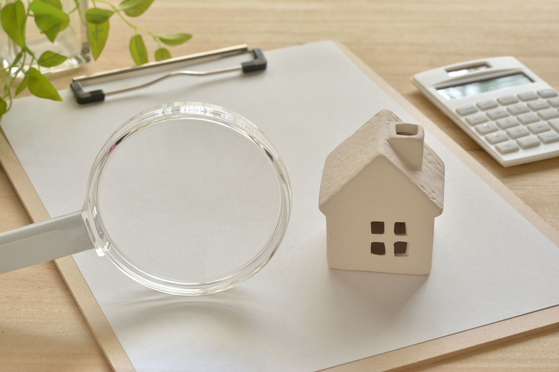 Loupe et maquette de maison disposées sur un bureau avec une calculatrice.