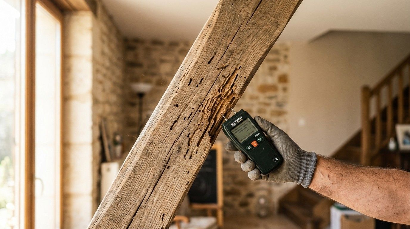 Appareil de mesure appliqué sur une poutre en bois lors d’une inspection.