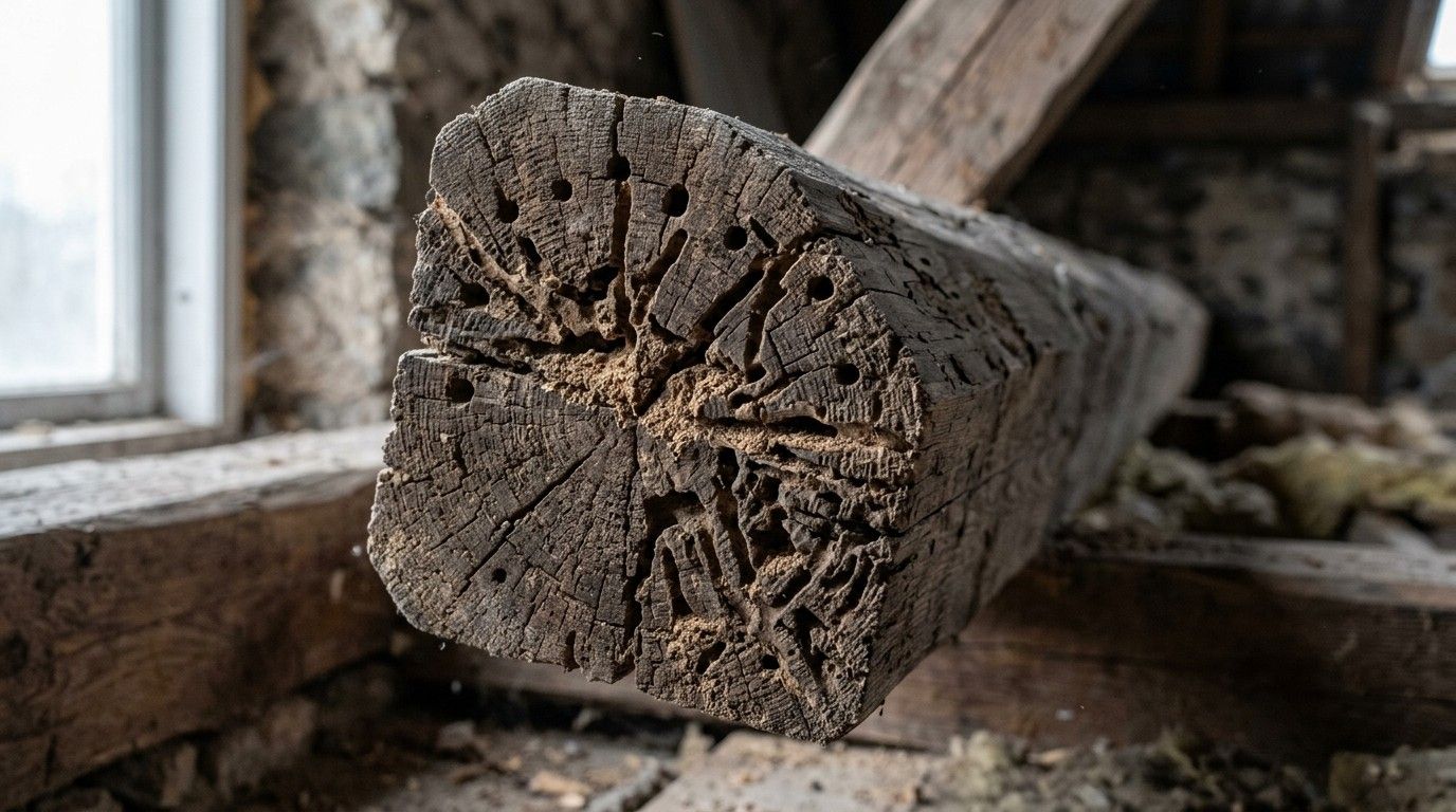 Extrémité d’une poutre en bois présentant de nombreuses cavités et galeries visibles.