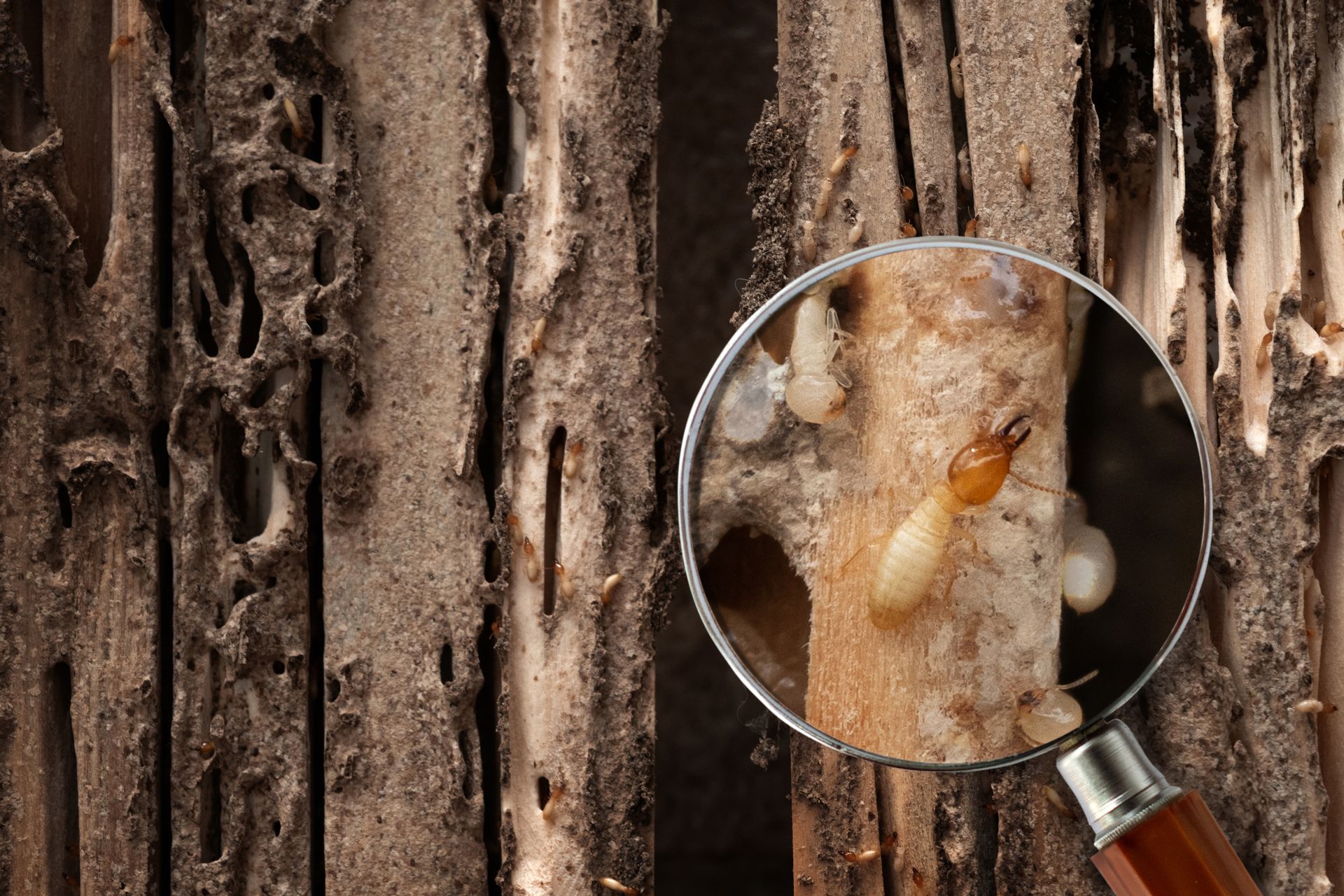 Détail d'un bois endommagé observé à travers une loupe montrant un insecte de couleur beige.