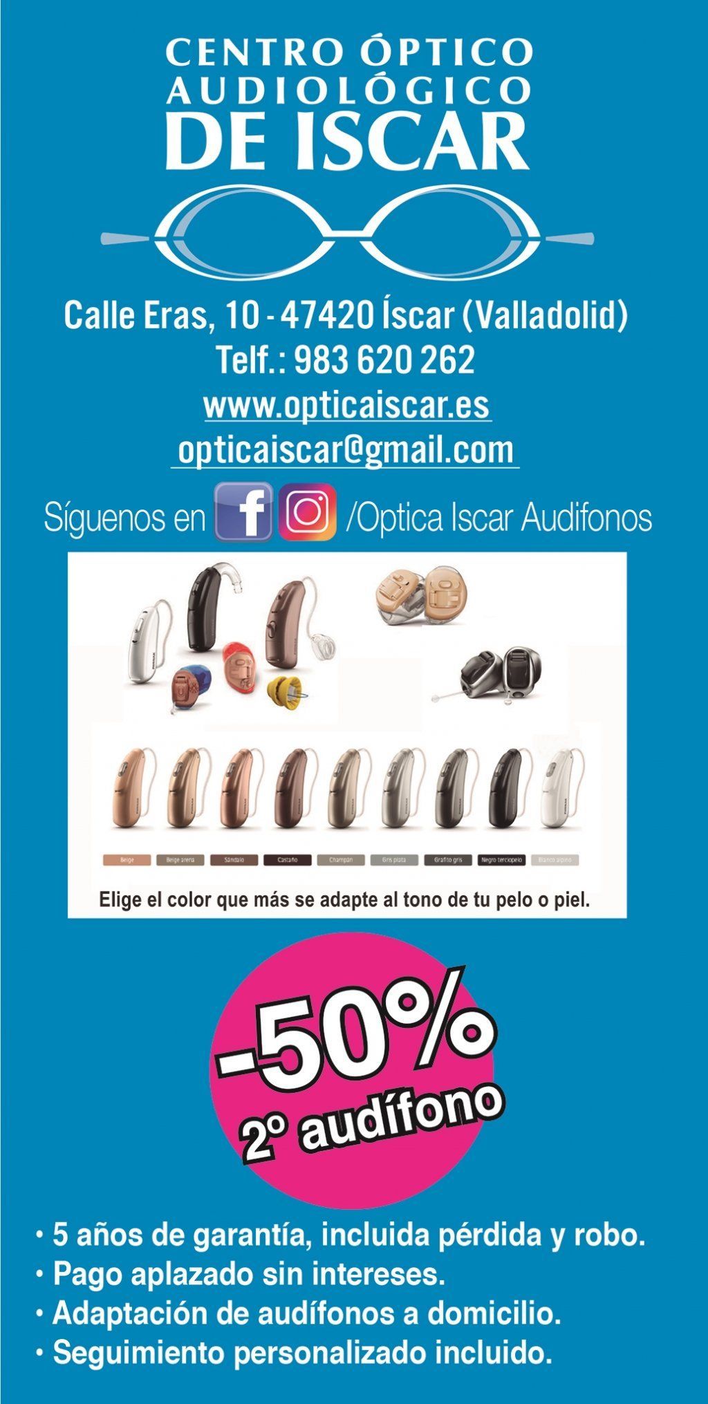An advertisement for centro optico audiologico de iscar