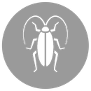 ein Kakerlaken-Symbol in einem Kreis auf weißem Hintergrund.