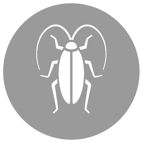 ein Kakerlaken-Symbol in einem Kreis auf weißem Hintergrund.