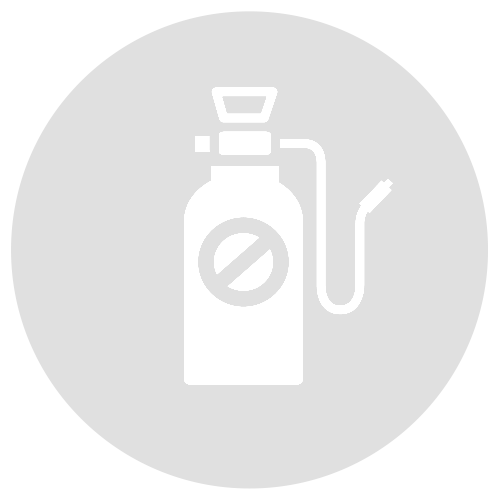 ein weißes Symbol einer Sprühflasche mit daran befestigtem Schlauch.