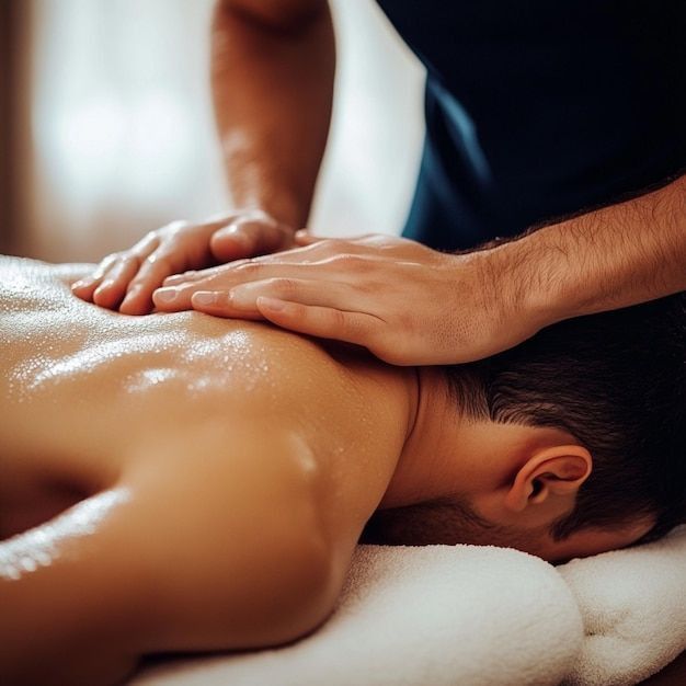 Masaje de spa con las manos presionando la espalda aceitada de la persona sobre una toalla.